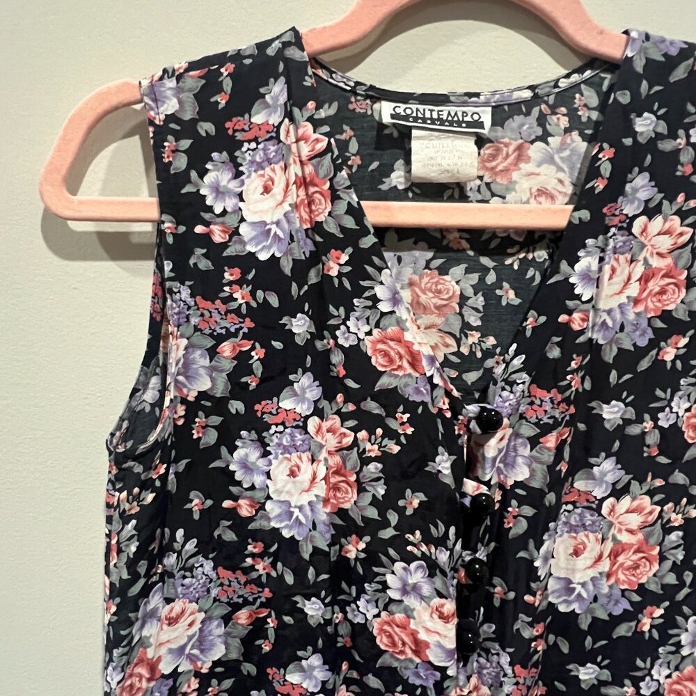 Vintage Floral Button-Up Vest with Fringe (Size S)